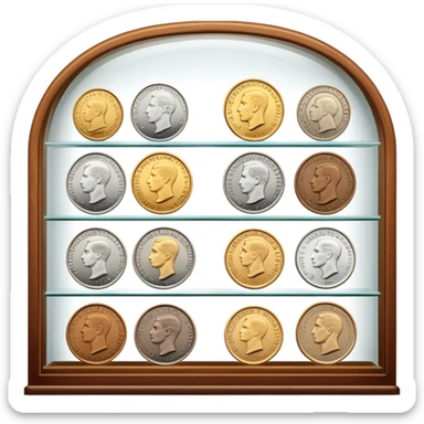 Icon for Coin Collecting: a collection of different vintage and modern coins of various forms, neatly arranged in a display case or on a table. The icon should highlight the diversity and historical value of coin collecting. Transparent background. sticker