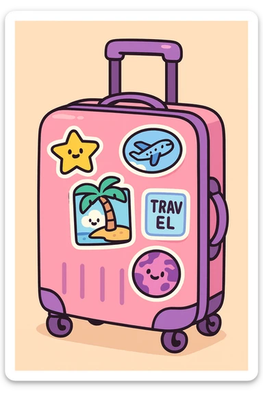 pink and purple rolling suitcase with different travel stickers, thick line art, flat pastel colors, graphic shadows and highlights, white sticker outline, cute cartoon style, variation 2 sticker