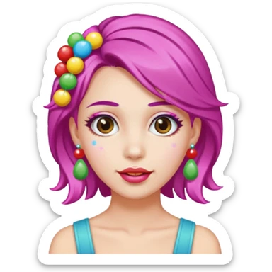 colorful hair woman with candy accessories, not holting a candy sticker