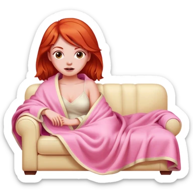 Red head woman wrapped in a pink blanket led on a cream sofa sticker