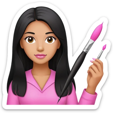 Pink Nail Tech with black long hair holding small acrylic brush sticker