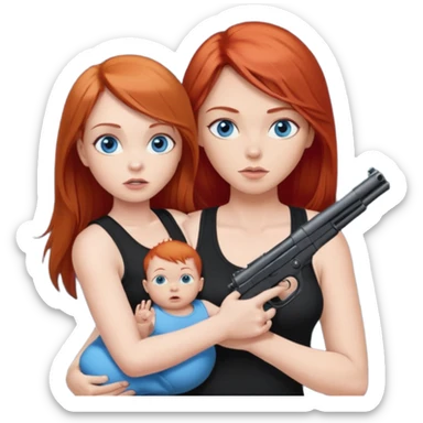 A red head with long straight hair, she has blue eyes with big boobs. She’s wearing a black tank top and holding a gun up in one hand and a baby boy with blue eyes sucking on one of her boobs in the other arm sticker
