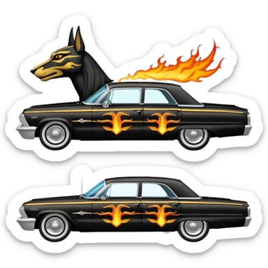 Satans Hot rod custom 1964 impala low rider four door Anubis theme painted hood flaming side-pipes sticker