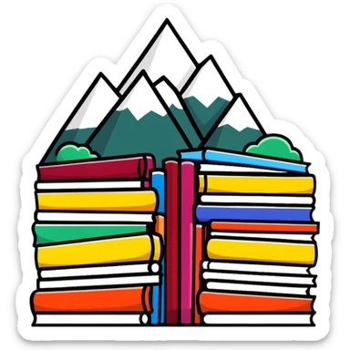 A mountain of books reaching high with colorful book spines visible sticker