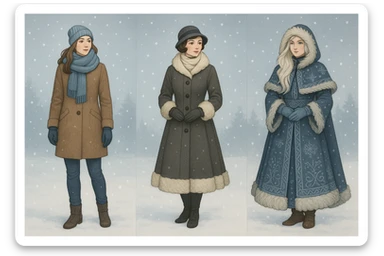 woman character evoking winter, wearing warm clothing, snow, winter atmosphere, diverse styles sticker