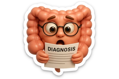 EMOJI STILE IPHONE DI UN INTESTINO CON GLI OCCHIALI CHE LEGGE UN FOGLIO CON LA SCRITTA DIAGNOSI, ESPRESSIONE STUPITA IN VOLTO, IPERREALISTICO 4K sticker