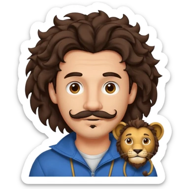 Make a cute guy with bouncy curly dark brown hair with a disconnected goatee and medium skin with a thin parted pencil mustache and lion ears sticker