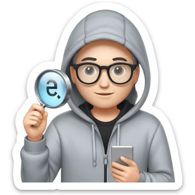 A stylized 3D emoji icon of a web developer character, wearing a hoodie and glasses. They are holding a glowing magnifying glass up to a computer screen filled with lines of HTML code and a search bar. sticker