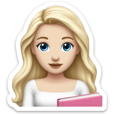 white girl, long long blonde hair, pink book in hand, white dress, blue eyes, pink lips sticker
