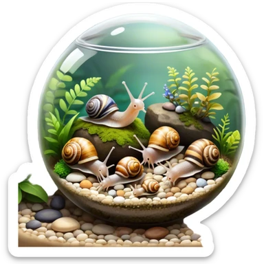A collection of various snails and mollusks inside a big, lush terrarium with plants and moss. Some snails are crawling along the glass while others rest on pebbles. The scene is serene with soft lighting, showcasing the natural beauty of the mollusks. Transparent background. sticker