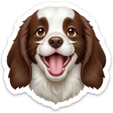 Cinematic Cute Yawning Springer Spaniel Portrait Emoji, Head tilted slightly with a dramatic, wide-open yawn, showcasing a smooth Fur of liver and white with crisp markings, floppy ears slightly drooping, round brown eyes barely open in drowsy contentment, Simplified yet irresistibly adorable features, highly detailed, glowing with a soft, cozy glow, high shine, relaxed yet expressive, stylized with a touch of whimsy, bright and endearing, soft glowing outline, capturing the essence of a sleepy yet affectionate companion, so drowsy it feels like it could stretch right out of the screen and curl up for a nap! sticker