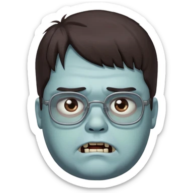 An emoji of a slightly chubby male zombie with dark brown hair and bangs down to his eyebrows, wearing square, bluish glasses. sticker