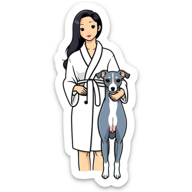 Very thin and slim Chinese woman with long black hair in elegant pool attire at a luxury spa pool with fancy amenities and her Italian greyhound that is COMPLETELY solid dark grey with ABSOLUTELY ZERO white markings anywhere - 100% uniform dark grey color only sticker