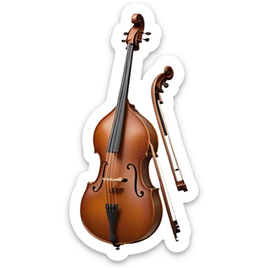 Create an elegant and detailed emoji representing a double bass with a bow. The design should feature the large, curved wooden body of the double bass with rich, dark wood tones and a smooth, polished finish. Include the long neck and scroll at the top of the instrument, with metal tuning pegs clearly visible. The bow should be shown beside or lightly touching the strings, emphasizing the role of the bow in producing sound. Add subtle musical notes or sound waves around the instrument to evoke its deep, resonant sound. Use warm tones like brown, gold, and ebony for the wood, with metallic accents for the strings and fittings. The background should be transparent. sticker