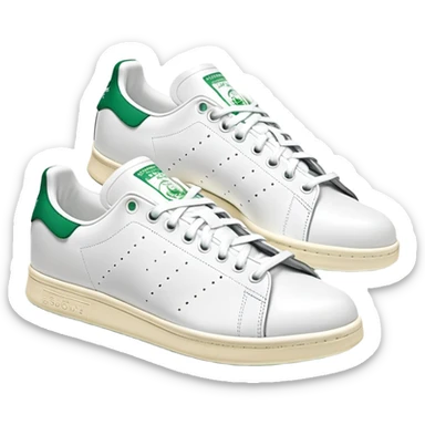 Two Adidas Stan Smith shoes arranged as a pair with one slightly behind the other, white with green heel details, clean classic design sticker