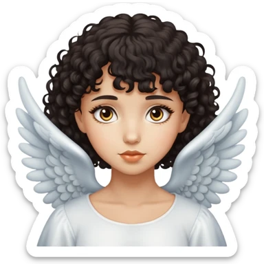 angel girl with dark curly hair and bangs and dark eyes, lightskin sticker