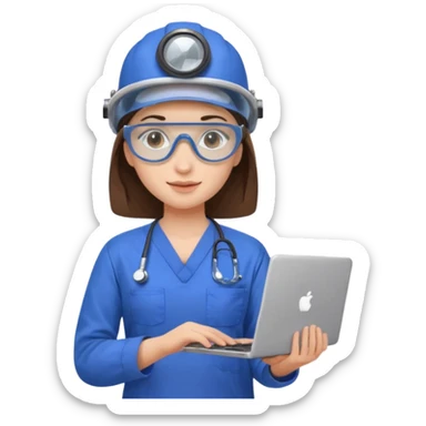 i need a brunette young woman in blue scrubs with brown eyes fair skin with safety goggles on and a laptop for research sticker