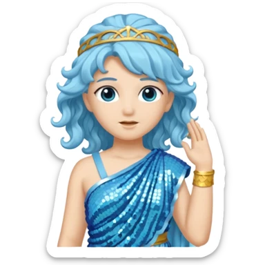 Athena from Roman Deities with long light blue wavy hair, light blue sequin toga sticker