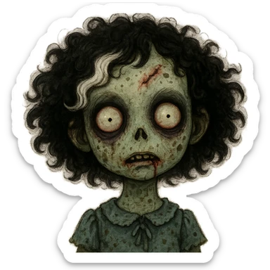 adorable zombie girl, black curly hair with a white streak, unsettling face, makeup sticker