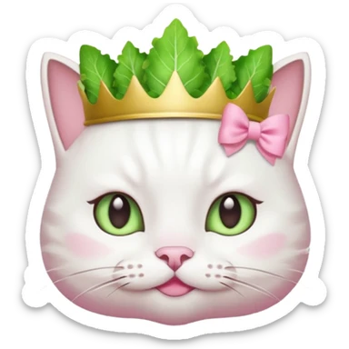 white cat with pink bow and light green lettuce crown, emoji style sticker