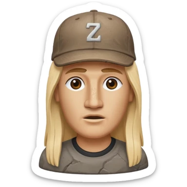 Easter island head rock with long blonde hair and a backwards baseball cap sticker
