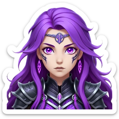 A mysterious warrior girl with long, flowing purple hair catching the dim light. Her glowing violet eyes stare forward, unwavering. She wears sleek black armor, adorned with silver runes that pulse faintly with hidden power. A dark mist swirls at her feet, hinting at the energy she commands. sticker