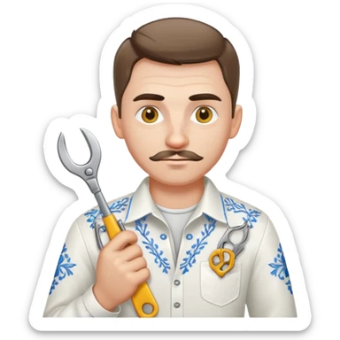 A Ukrainian man in a white embroidered shirt holds a spanner in one hand and scissors in the other sticker