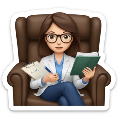 female therapist, brunette, brown eyes, light skin, sitting in an armchair with notes, wearing glasses sticker