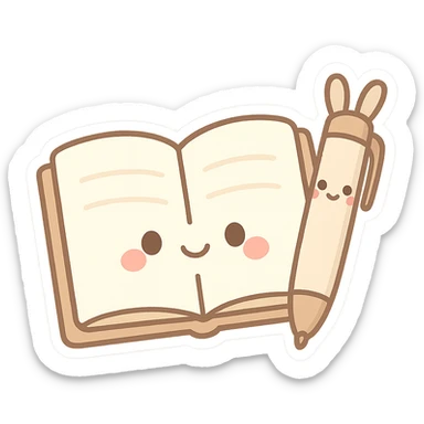 cute open notebook, simple pen with ears, chibi stickers style, cartoonish, transparent background sticker