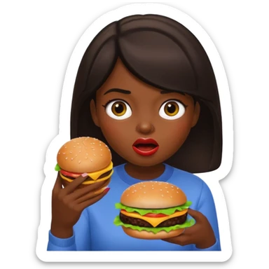a girl with dark hair eating a burger, apple memoji style, surprised expression sticker