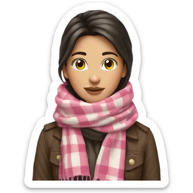 brunette girl, pink plaid scarf sticker
