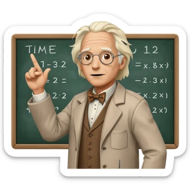 Doc Brown from Back to the Future, pointing at a chalkboard with time travel equations, animated expression sticker