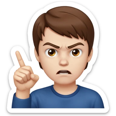 angry young boy pointing fingure at his own face sticker