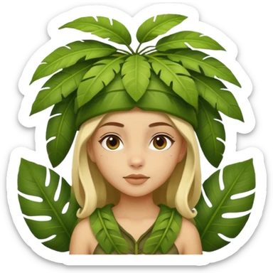 a girl with jungle wearing a large leaf headgear bye  sticker