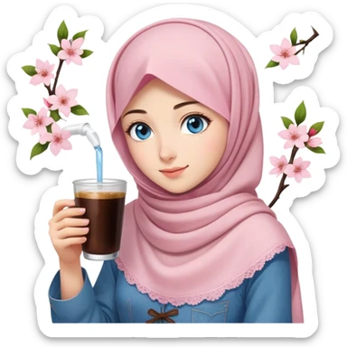 Turkish beautiful finish Konya girl blue eyes with light pink denim hijab islamic dress and had on her hand sakura blossoms in cold brew coffee  sticker
