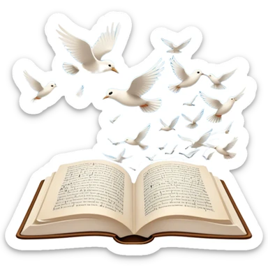 Icon for Poetry Reading: an open book with verses on the pages, from which fly pages transforming into a large flock of small white birds soaring into the blue sky. The icon should evoke the freedom and beauty of poetry. Transparent background. sticker