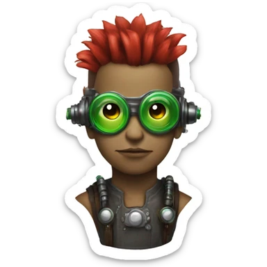 Male cyborg with thin red Mohawk and green steampunk goggles sticker