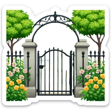 garden entrance with black iron fence, green trees and flowering plants sticker