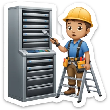 Midget standing on a step ladder blowing into a server in a server rack  sticker