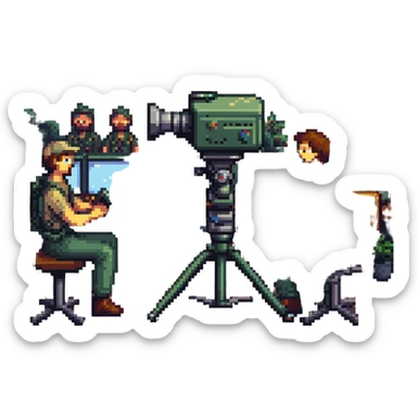 pixel art style, large high resolution image of a film crew collaboration: multiple members (cameraman, sound engineer, director) working together around a broadcast camera, dynamic atmosphere, wide shot, team spirit sticker