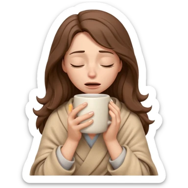 emoji-style illustration of a crying relaxed woman with long wavy brown hair, wrapped in a cozy beige blanket, holding a mug cup, eyes closed, sad and a bit anxious expression, soft 3D cartoon rendering, warm and comforting mood, plain background
 sticker