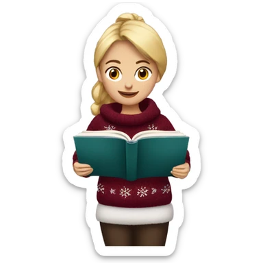 Girl wearing burgundy Christmas jumper reading a book sticker