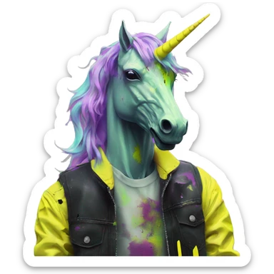 .Zombie_ Vaporwave black holographic oilslick zombie unicorn smoking yellow caution tape  sticker