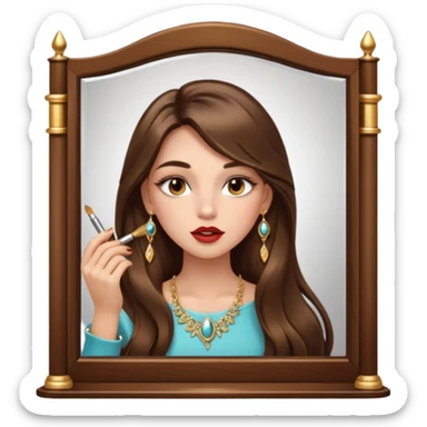 Girl with long brown hair, gold jewelry, and lashes, putting on lipgloss while looking in a mirror  sticker