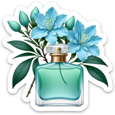 Aesthetic ensemble of soft blue azaleas alongside a charming vintage green perfume bottle.
 sticker