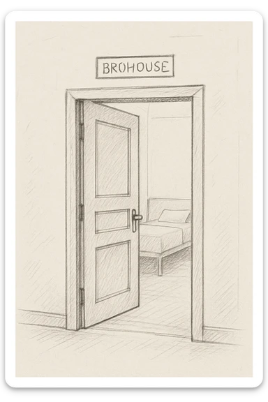 endi menga brohouse sartarish xonasini tashqaridan chizib ber eshigi ochiq bulsin faqat sticker