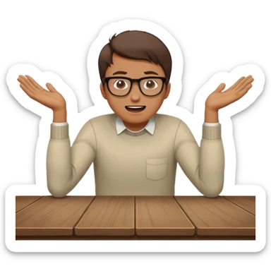 man working at table, leaning forward, hands on table, shouting with determination sticker