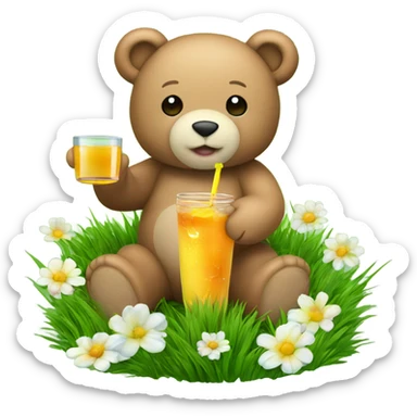 Teddy bear drinking juice sitting on green grass with flowers  sticker