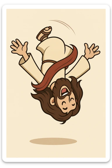Cartoon Jesus performing a backflip, arms outstretched, cheerful, clean background sticker