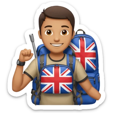 A guy with a hiking backpack and a Union Jack on his T-shirt holds the Union Jack. sticker